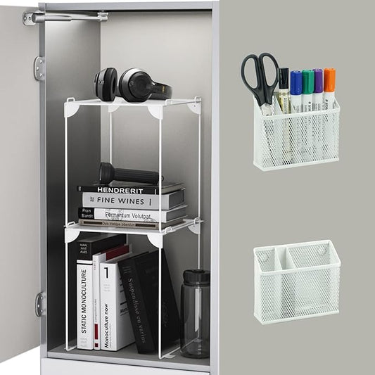 Neudeoc Locker Organizer and Accessories Kit, Includes Mesh Locker Shelf and Magnetic Pen Holder, Suitable for School, Work, Kitchen and Bathroomn (Pack of 4, White)