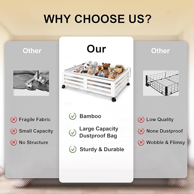 Under Bed Storage with Wheels-Large Bamboo Underbed storage Containers with Large Dust Bag Stackable Under the Bed Shoe Storage Bins for Clothes Books Bedding (2 Packs White, 23.62"L×16.54"W× 6.51"H)