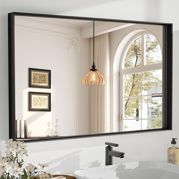 55”x 36” Black Bathroom Mirrors for Over Sink, Metal Framed Rectangle Mirror, Large Modern Wall Vanity Mirror, Mirrors for Wall Decor Living Room Bedroom Entryway (Horizontal/Vertical)