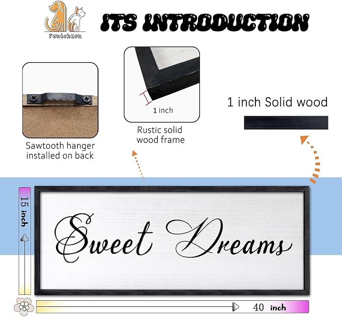 Sweet Dreams Wall Decor Above Bed 40x15 Inch Large Master Bedroom Hanging Wood Rustic Framed Farmhouse Sweet Dreams Sign Guest Room Aesthetic And Minimalist Over Bed Wall Art（Black）