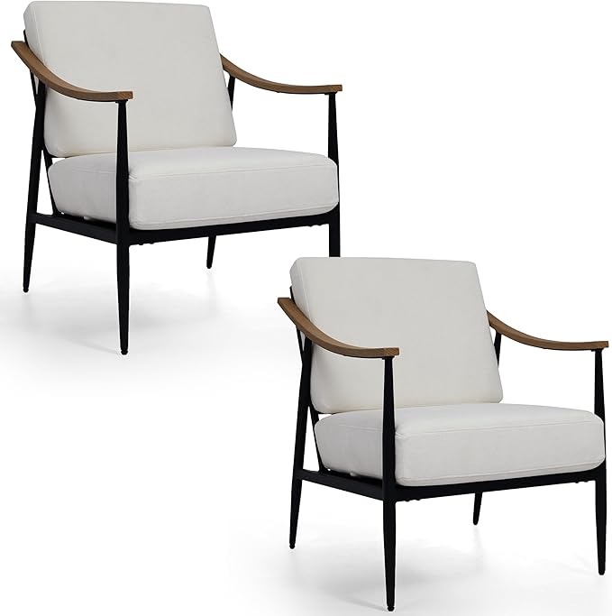 Modern Accent Chairs Set of 2 for Living Room Bedroom Mid Century Arm Chairs Upholstered Office Accent Chairs Comfy Waiting Room Chairs with Metal Frame, Cream White