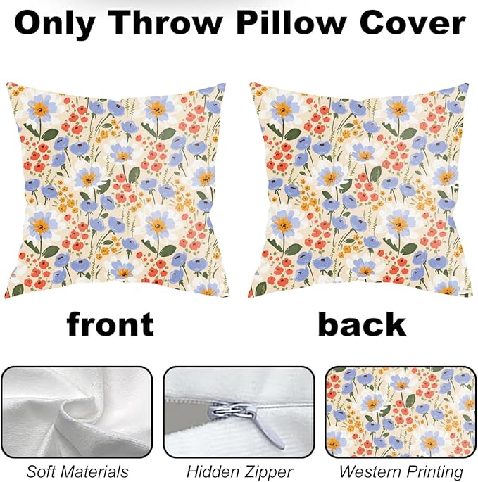 2 Pack Retro Cute Wildflowers Decor Throw Pillow Covers, 18x18 Pillow Cover, Decorative Couch Pillow Covers Flower Decor Pillowcase for Sofa Cushion Sofa Home Bedroom Bed Car Seat Living Room