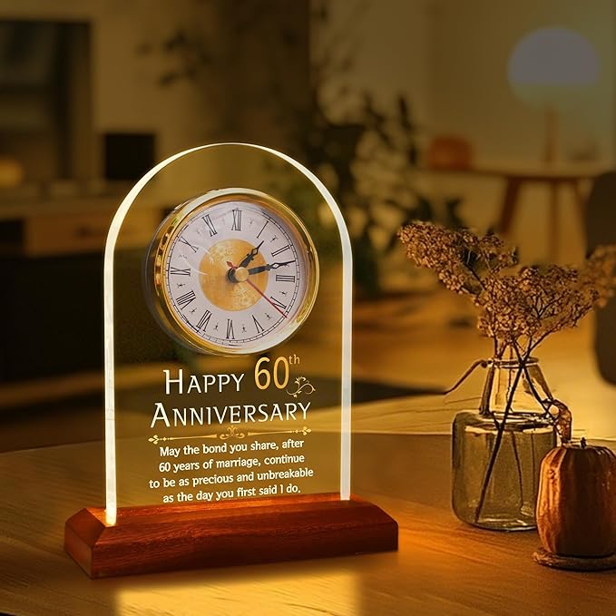 60th Anniversary Wedding Gift, Anniversary Quartz Clock, Desk Table Clock, 60 Years of Marriage, Golden Wedding for Couple, Parents, Grandparents (Wooden Base with LED Light)