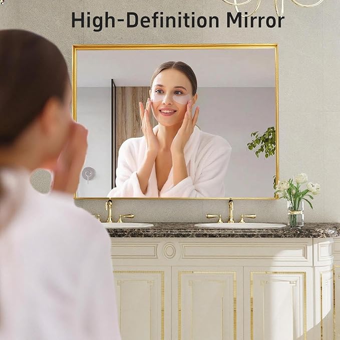 55x30 Inch Gold Bathroom Mirrors for Over Sink, Aluminum Metal Framed Mirror, Large Mirror,Wall-Mounted Rectangle Mirrors, Tempered Glass, High Definition, Horizontal/Vertical