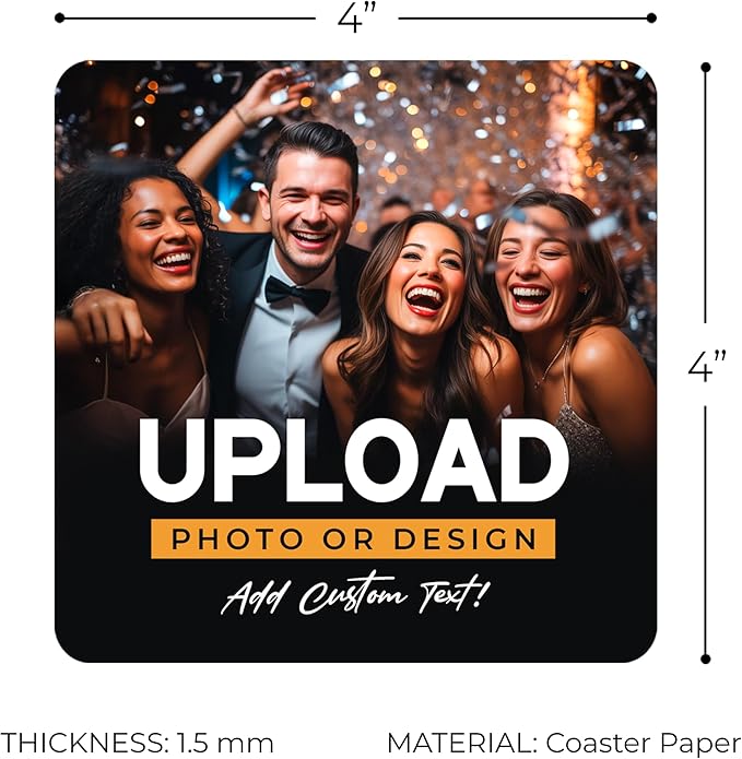 60 Pack Personalized Drink Coasters, Custom Cardboard Coasters with Photo and Text, Design Your Own Coaster for Events, Parties, Bars, and Unique Gifts, 3.95" Square, Design 7