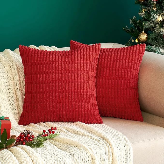 MIULEE Pack of 2 Christmas Red Corduroy Decorative Euro Sham Pillow Covers 26x26 Inch Soft Boho Striped Throw Pillow Covers Modern Farmhouse Home Decor for Sofa Living Room Couch Bed