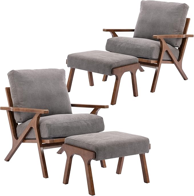 Wahson Set of 2 Mid Century Arm Chairs and Ottomans, Upholstered Accent Armchair with Wood Frame and Canvas Cushions, Leisure Slipper Chair for Living Room/Bedroom, Grey