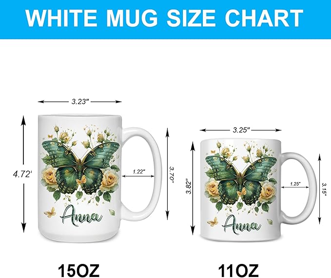 Hyturtle Personalized Floral Butterfly Mug - Butterfly Gifts For Women Lovers - Animal Gift For Bird Lover Her - Bird Gifts For Mom on Mother Day - Custom Name Coffee Cup Ceramic Mug 11 Oz 15 Oz