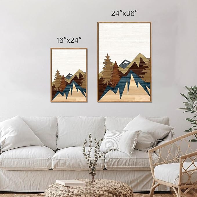 SIGNINART Large Mountain Framed Canvas Wall Art, Boho Sunrise Wilderness Art Prints, Vintage Forest Nature Artwork, Modern Farmhouse Woodcut Style Wall Decor for Living Room Bedroom Office 24"x36"x3