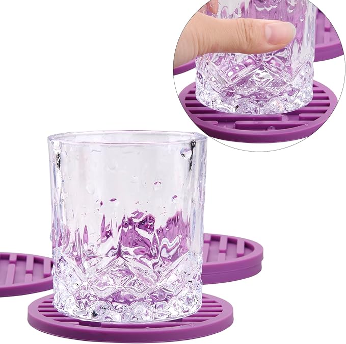 Coasters for Drinks & Coffee Table, Silicone Cup Coasters Set 8 with Holder, Cute Soft Cool Bar Coaster Dia 4 Inch, Beer Funny Coaster for Tabletop, Desk and Outdoor Purple
