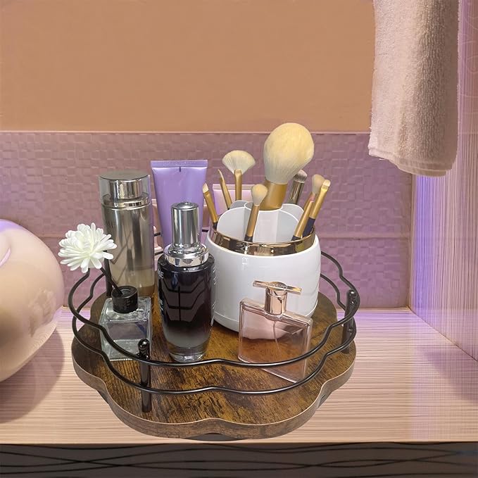 13" Lazy Susan Turntable Organizer with Higher Metal Sides, 360° Rotating Wooden Lazy Susan Organization and Storage for Cabinet,Kitchen,Countertop,Table Top,Dining Table,Coffee Bar Decor