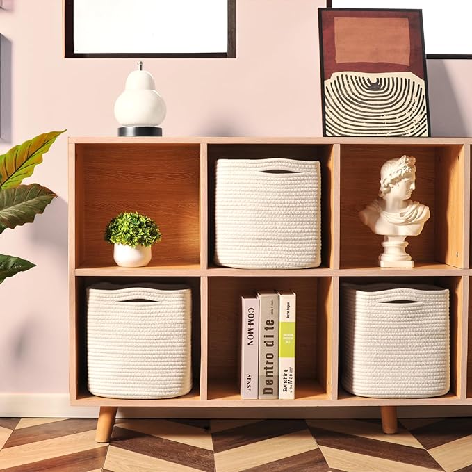 11 Inch Cube Storage Bins, Organizer Bins, Woven Cotton Rope Baskets for Storage, Storage Baskets for Organizing Shelves, White Basket for Toys, Off White (Pack of 3)