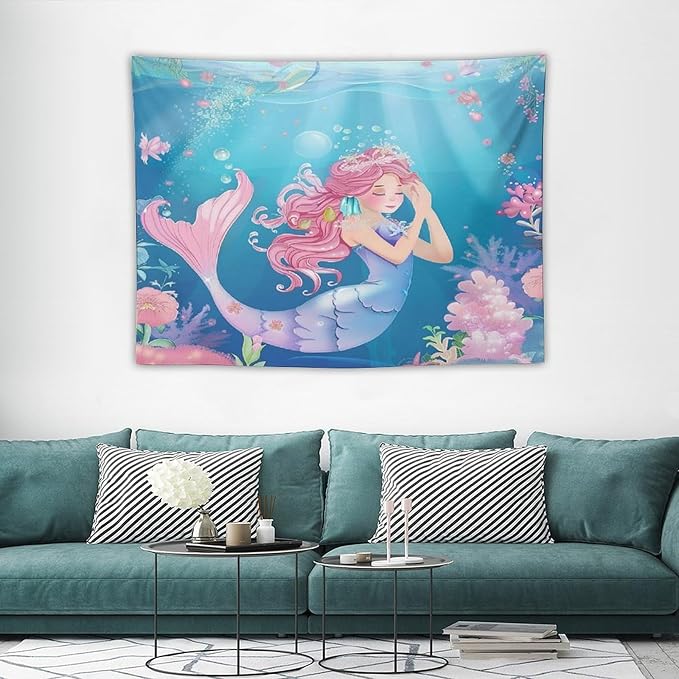 HZOHNAGO Mermaid Girls Tapestry Watercolor Flowers Mermaid Princess Blessing Pattern for Kids Room Decoration Printed Wall Tapestry Wall Hanging for Bedroom Living Room Dorm 40" W x 30" H