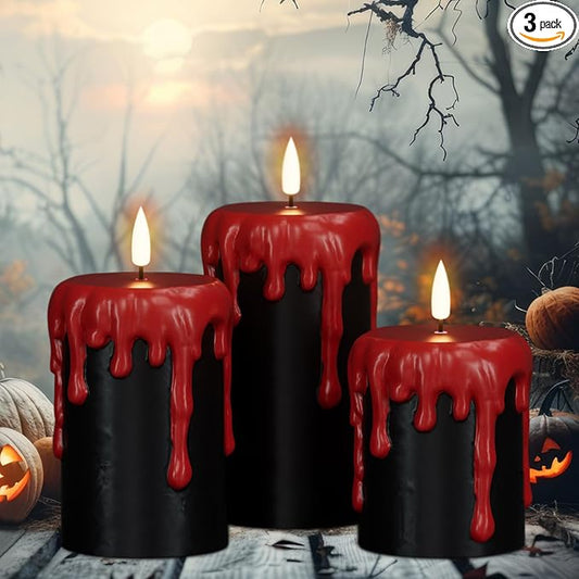Wondise Halloween Flameless Candles with 6H Timer, Battery Operated Dripping Real Wax Black LED Pillar Candles 3D Wick Flickering Spooky Halloween Indoor Decoration (3 Pack, 3 x 4,5,6 Inches)
