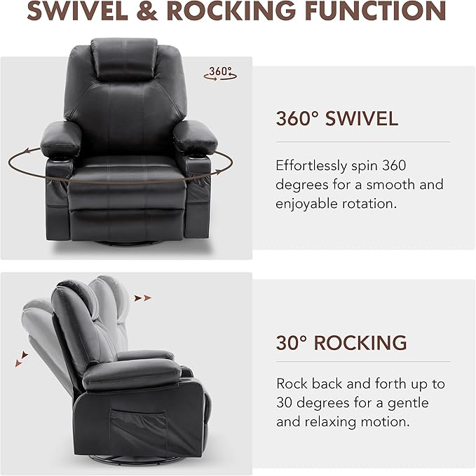 Swivel Rocker Recliner Chair with Heat and Massage, 360 Degree Swivel Rocking Single Sofa with Cup Holders and USB Port, Large Big Recliner Chair for Living Room (Leather, Black)