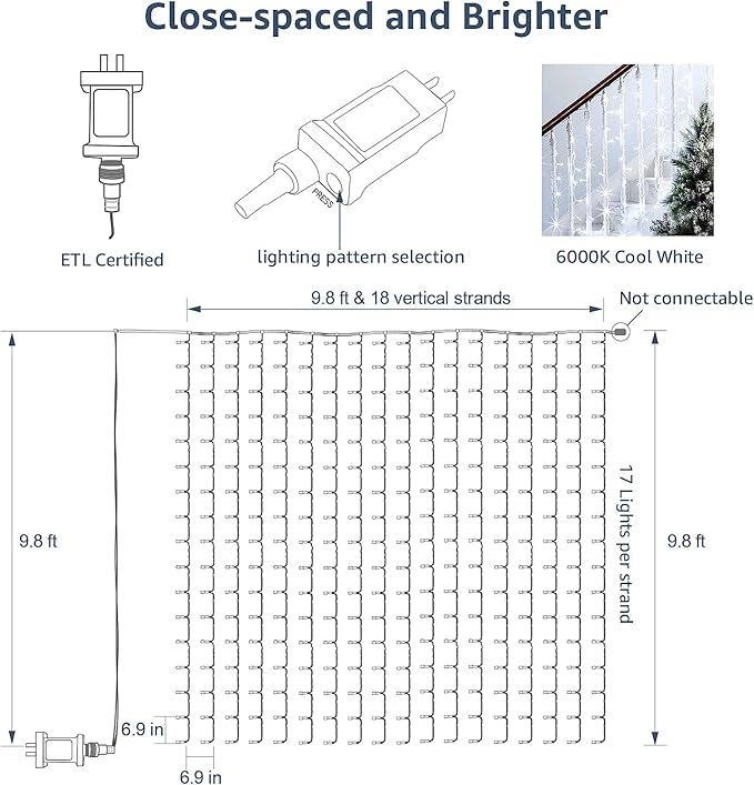 Lighting EVER Curtain Lights Cool White, 306 LED Plug in Hanging Fairy String Light for Bedroom Wall, Indoor Outdoor Backdrop Lighting for Wedding Party Patio (10x10ft, 18 Strings 6.9" Apart)
