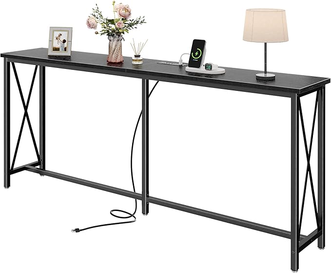 SUPERJARE 70 Inch Console Table with Outlets and USB-C Port, Extra Long Behind Couch Sofa Table with X-Shaped Design, Narrow for Entryway, Living Room, Metal Frame, Wooden Top, Black