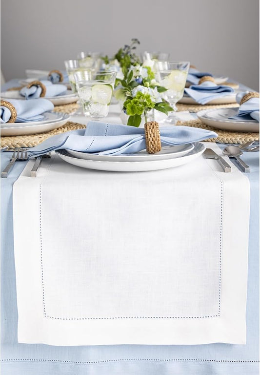 Solino Home Linen White Table Runner 72 Inches Long - 100% Pure Linen Hemstitch Table Runner 14 x 72 Inch for Dresser, Dining, Fall, Autumn, Halloween, Thanksgiving - Classic Hemstitch