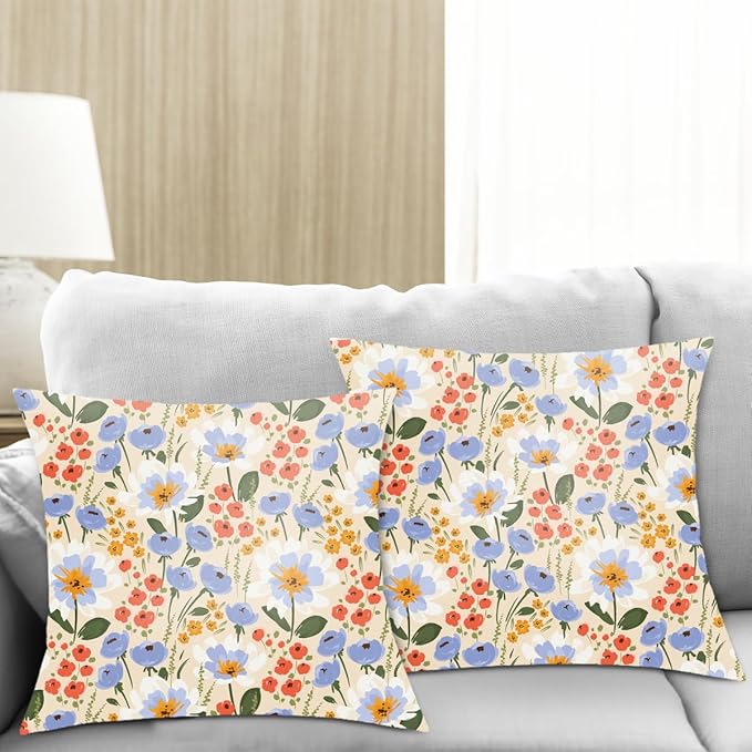 2 Pack Retro Cute Wildflowers Decor Throw Pillow Covers, 18x18 Pillow Cover, Decorative Couch Pillow Covers Flower Decor Pillowcase for Sofa Cushion Sofa Home Bedroom Bed Car Seat Living Room