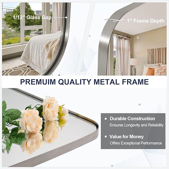 ANDY STAR Brushed Nickel Oblong Mirror, 32x40 Inch Brushed Nickel Oval Mirror for Bathroom with Stainless Steel Metal Frame, Wall Mouned for Bathroom, Living Room, Entryway