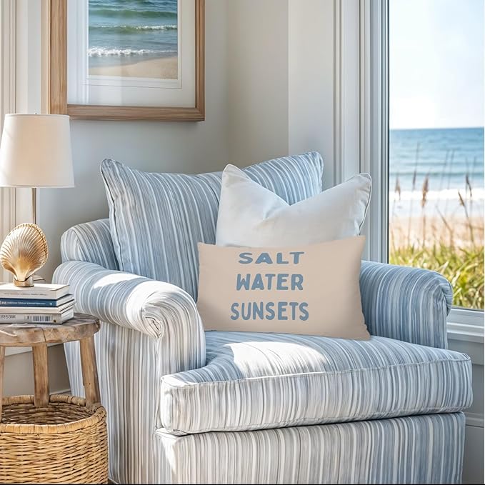 Coastal Beach Room Decor 12x20 Pillow Cover, Salt Water Sunsets Coastal Beachy Decorative Lumbar Pillow Covers for Girls Boys Bedroom College Dorm Sofa Couch
