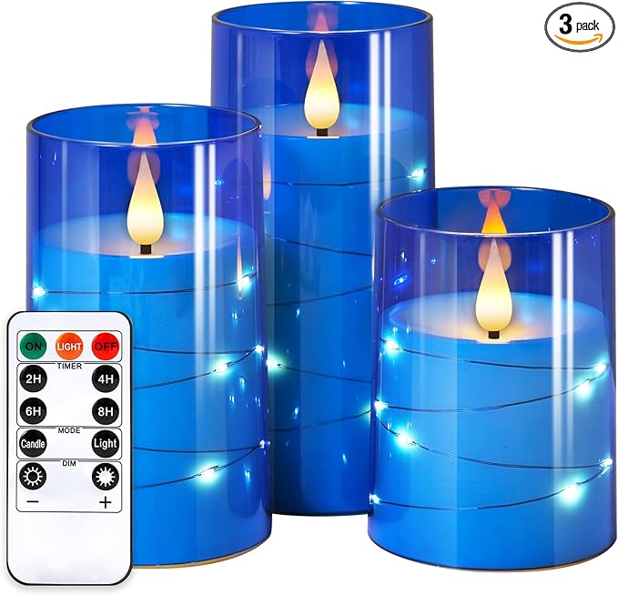 NURADA Flickering Flameless Candles: 3D Wick Built-in Star String Lights Acrylic Unbreakable Battery Operated LED Pillar Candles with Remote and Timer - 3 Pack for Wedding Valentine's Day Decor