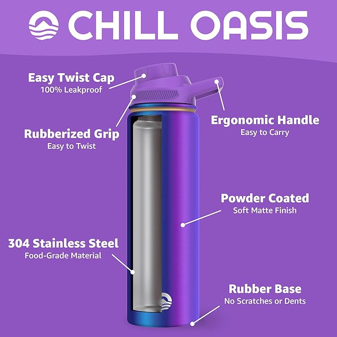 Chill Oasis Water Bottle | Compatible With Popular Flavor Cartridges | BPA Free, Leak Proof, Double-Walled Vacuum Insulated Stainless Steel, and Dishwasher Safe | Cold for 24 Hours (Aura, 22oz)