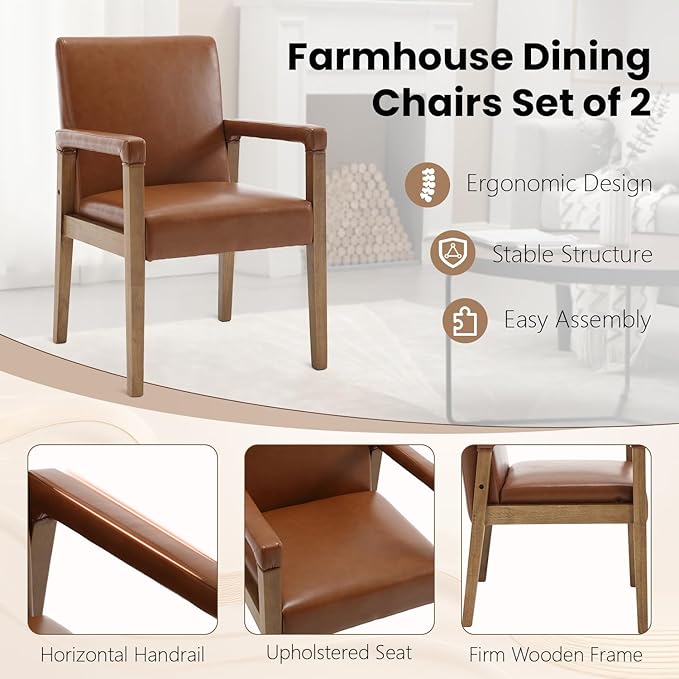 Kmax Modern Dining Chairs Set of 2 Faux Leather Kitchen Arm Chairs Upholstered Accent Chairs with Wooden Legs for Dining Room, Living Room, Bedroom, Brown