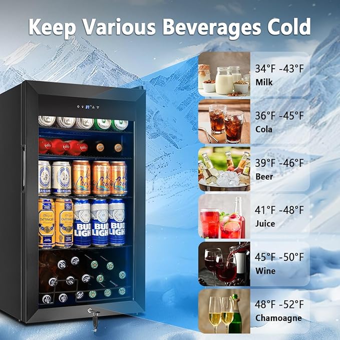 Tylza 130 Can Beverage Refrigerator Cooler, 3.22 Cu.Ft Beverage Cooler with Low-E Glass Door, Safety Lock, Beverage Fridge for Soda, Beer, Wine, Mini Fridge for Home, Office, Bar, Bedroom, Black