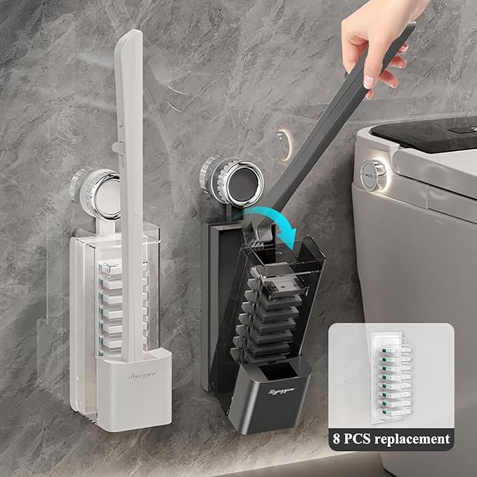 Disposable Toilet Brush with Replaceable Heads, Wall-Mounted Holder, Hygienic Bathroom Cleaning Tool (32 Refills)