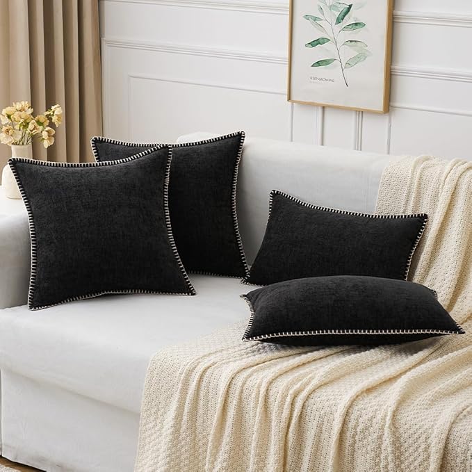 MIULEE Pack of 2 Couch Throw Pillow Covers 16x16 Inch Black Farmhouse Decorative Pillow Covers with Stitched Edge Soft Chenille Solid Dyed Spring Pillow Covers for Sofa Bed Living Room