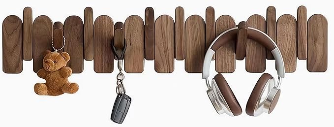 Wall Mounted Piano Key Hanger | Flip Style Hook | Entrance Wall Art Hook, Made of Oak Wood (3 Times Painted, 4 Times Polished) (Arc Walnut, 10Hooks)