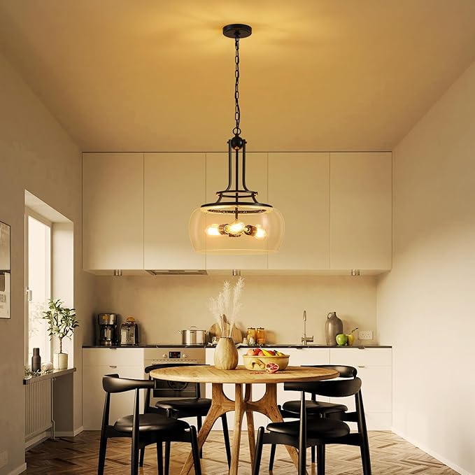 WUZUPS Chandelier Rustic Farmhouse Industrial Round Ceiling Pendant LED Light Fixture Clear Seeded Glass Shade for Dining Room Kitchen Island Foyer Entryway, H 20.9" x W 15.9", Black