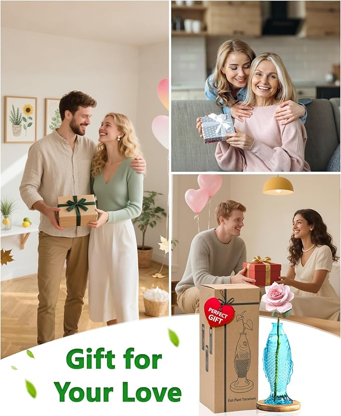 Nacome Fish Vase Glass Plant Terrarium with Wooden Stand,Planter Propagation Station for Home Office Hydroponics Desk Decoration,Unique Gardening Gifts for Plant Lovers Women Mom(Blue)