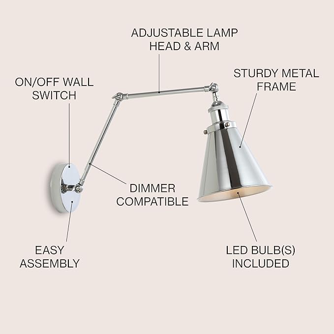 JONATHAN Y JYL7460A Rover 7" Farmhouse Industrial Adjustable Arm Metal LED Wall Sconce Rustic Bohemian 2700K LED 4W Bulb for Entryway Lobby Kitchen Bathroom Bedroom Living Room Hallway, Chrome