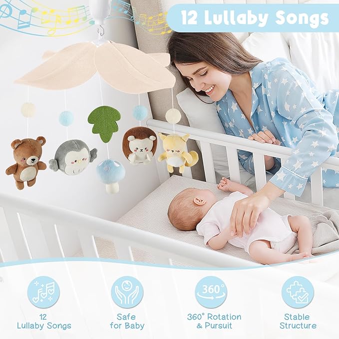 Woodland Crib Mobile – Forest Animals Baby Mobile for Crib with Upgraded 3-Mode Music Box, Blue Nursery Mobiles for Boys & Girls, Fits Standard Cribs, Forest Nursery Decor