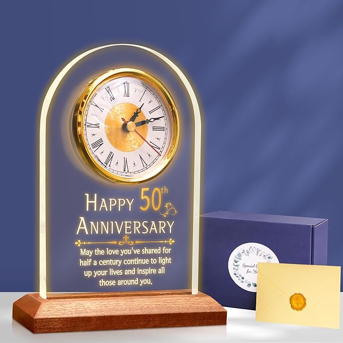 50th Anniversary Wedding Gift, Anniversary Quartz Clock, Desk Table Clock, 50 Years of Marriage, Golden Wedding for Couple, Parents, Grandparents (Wooden Base with LED Light)