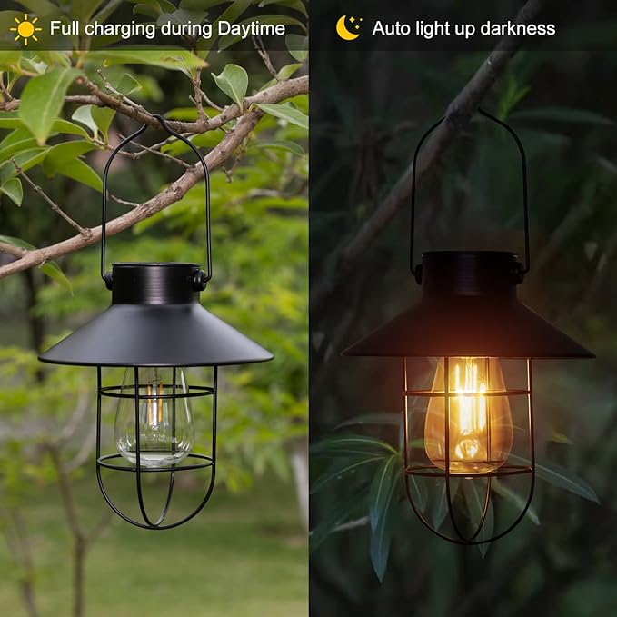 pearlstar Solar Lantern Outdoor 2 Packs Hanging Light Metal Solar Lamp with Warm White Edison Bulb Design for Garden Yard Patio Proch Decor(Black)