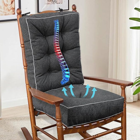 YZ HOME Rocking Chair Cushion, Set of Thicken Seat & Back Chair Cushions with Memory Foam, Non-Slip Chair Pad with Ties for for Indoor&Outdoor Rocker, Dark Grey, 22x17x5/17x17x5