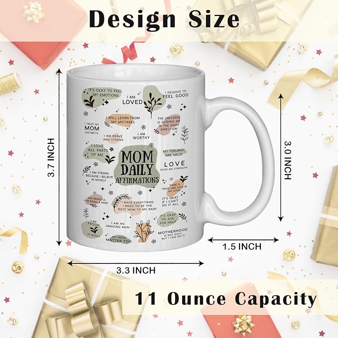 JINYO Boho Floral Mom Coffee Cup, Mother's Day Mugs Cups, Mother Birthday Gifts from Daughter Son, Mom Daily Affirmation Ceramic Coffee Tea Mug 11 oz