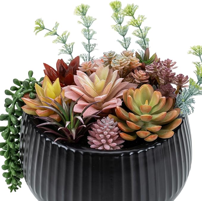 MyGift 10 Inch Modern Artificial Succulent Arrangement Potted in Matte Black Ribbed Ceramic Round Planter, Decorative Plant Pot with Assorted Faux Mini Succulents