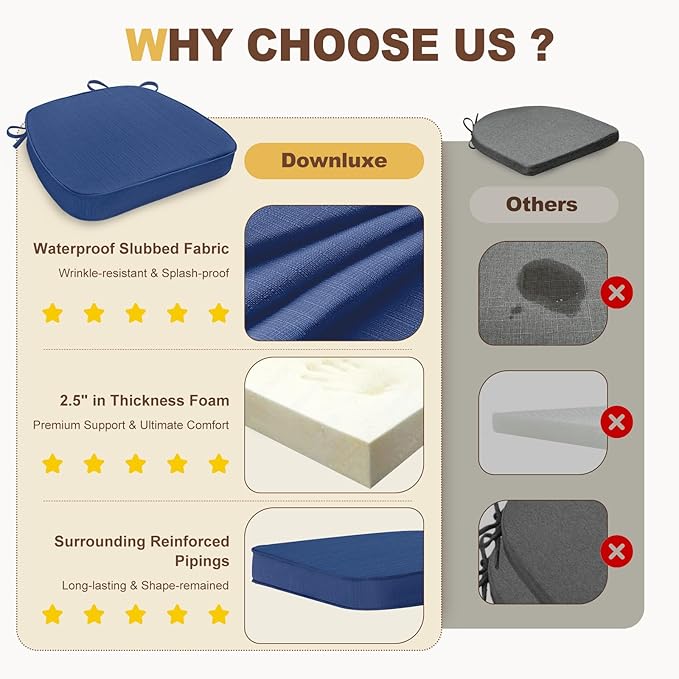 downluxe Chair Cushions for Dining Chairs, Waterproof Kitchen Chair Pads, Non-Slip Dining Seat Cushion with Ties, 17" x 16" x 2.5", Blue, 4 Pack