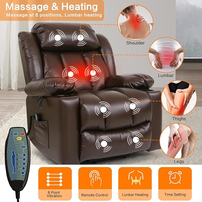 Power Lift Recliner Chair for Elderly Breathable Leather Recliner Chair with Massage and Heat for People Limited Mobility,2 Cup Holders,Electric Stand Assist,USB Ports,Gifts for Family (Brown)