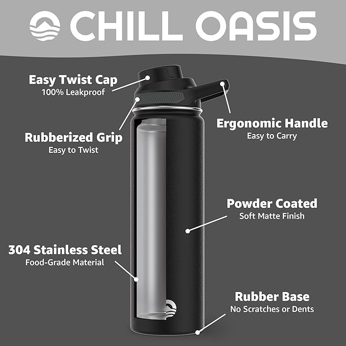 Chill Oasis Water Bottle | Compatible With Popular Flavor Cartridges | BPA Free, Leak Proof, Double-Walled Vacuum Insulated Stainless Steel, and Dishwasher Safe | Cold for 24 Hours (Black, 22oz)