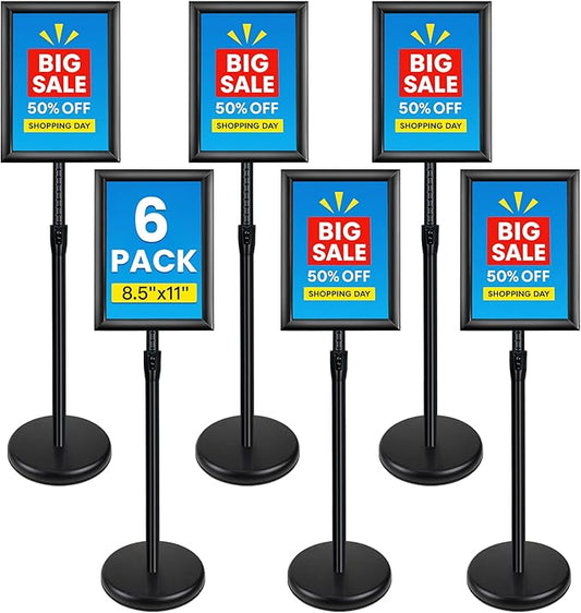 6Pack Sign Holder Stand - 8.5x11 Inch Adjustable Floor Standing Sign Stand for Display, Pedestal Poster Stand for Vertical & Horizontal View, Indoor & Outdoor Use for Business & Store - Black