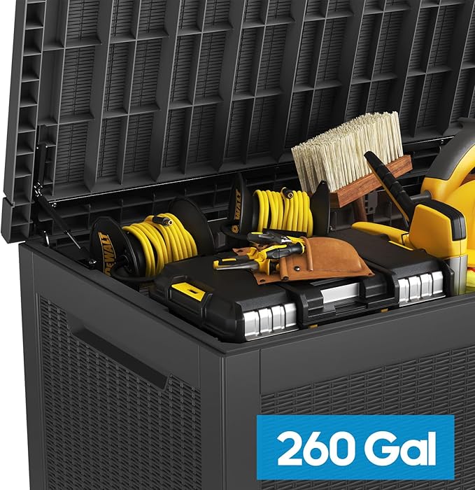 Large Deck Box 260 Gallon, Resin Patio Storage Box with Lockable Lid for Patio Furniture, Garden Tools, Pool Accessories, Weatherproof Outdoor Storage Bin, Black