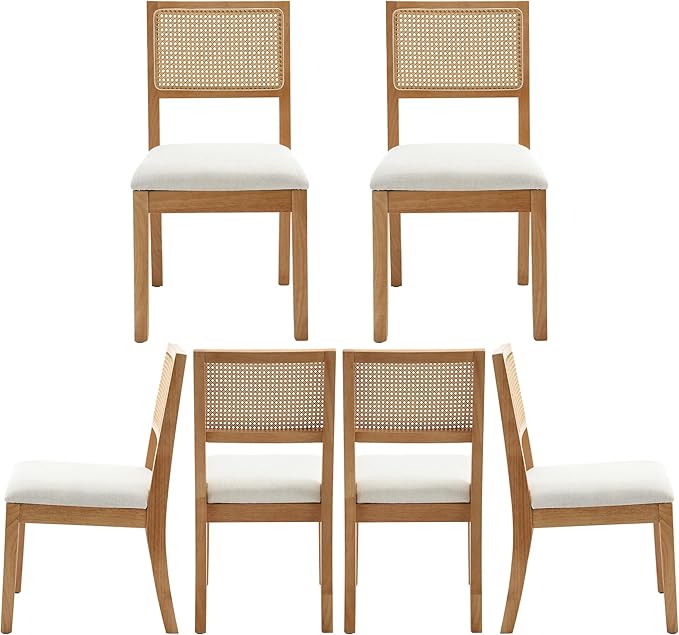 Westice Rattan Dining Chairs Set of 6, Farmhouse Natural Dining Room Chairs with Upholstered Cushion, Wood Armless Chairs for Kitchen/Restaurant