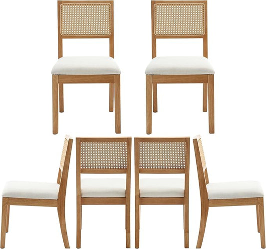 Westice Rattan Dining Chairs Set of 6, Farmhouse Natural Dining Room Chairs with Upholstered Cushion, Wood Armless Chairs for Kitchen/Restaurant