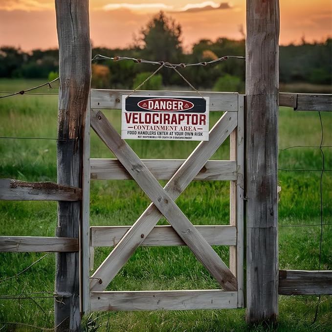 Warning Velociraptor Containment Area Sign, Danger Dinosaur Park Decor, Decorative Hanging Wood Plaque, Farmhouse Indoor Outdoor Decor, Door Gate Hanger, Novelty Sign