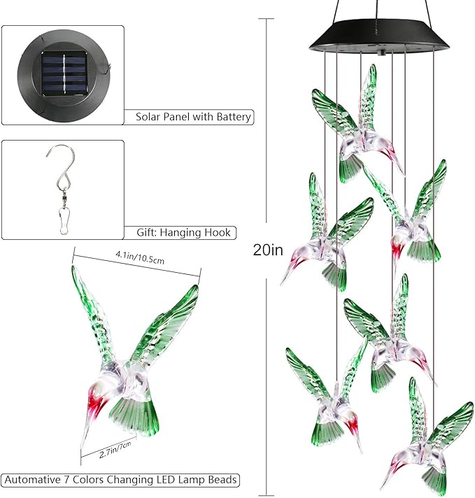 Toodour Solar Wind Chime, Color Changing Wind Chimes Hummingbird, LED Decorative Mobile, Gifts for Mom Grandma, Waterproof Outdoor Decorative Lights for Garden, Patio, Yard, Window Outdoor Decor